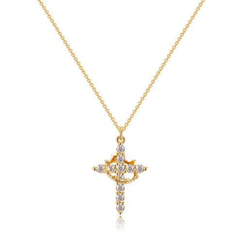 Fashion Jewelry Cross Full Diamond Crown Rotatable Necklace