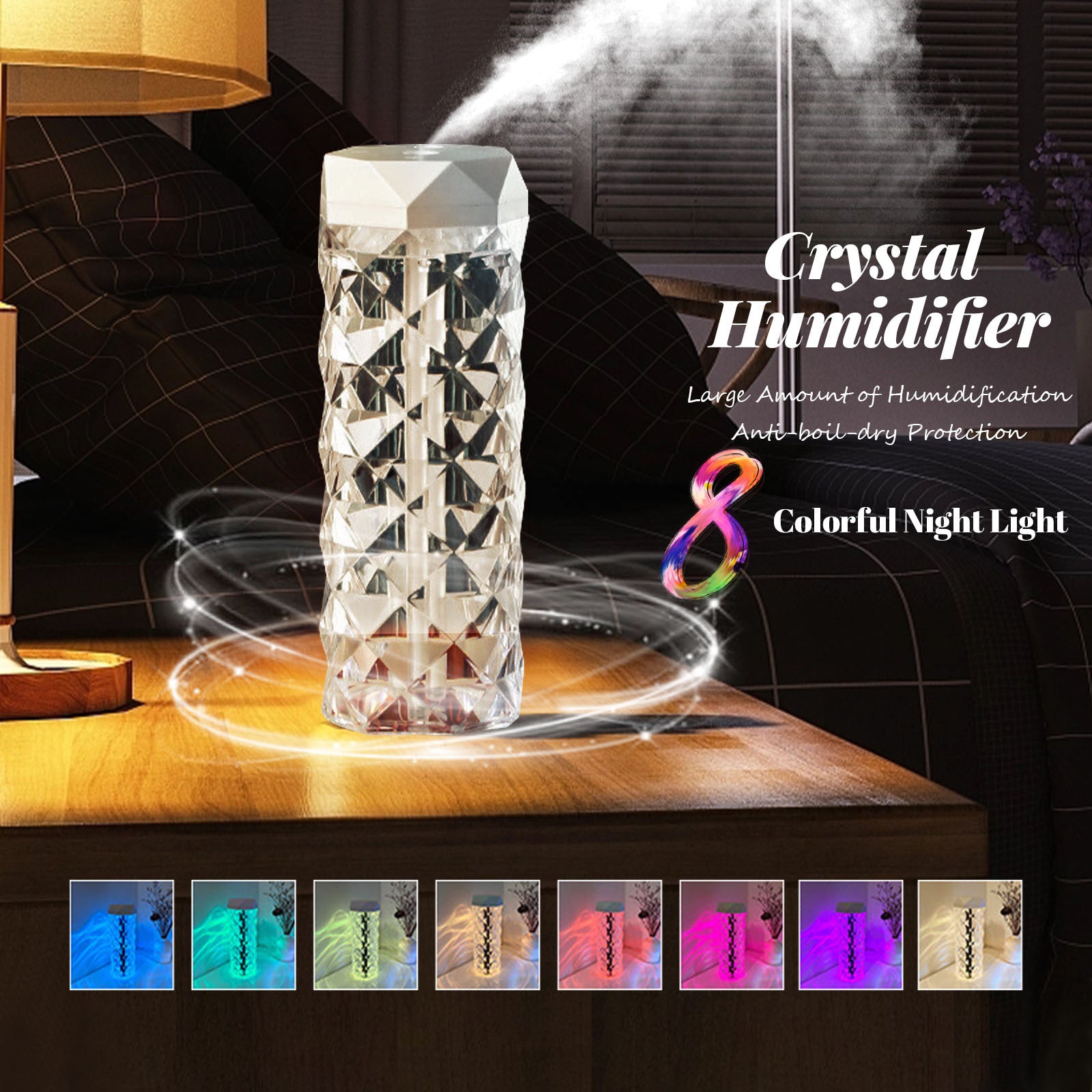 Crystal Rose Humidifier Lamp - 3-in-1 Atmosphere Light and Night Lamp